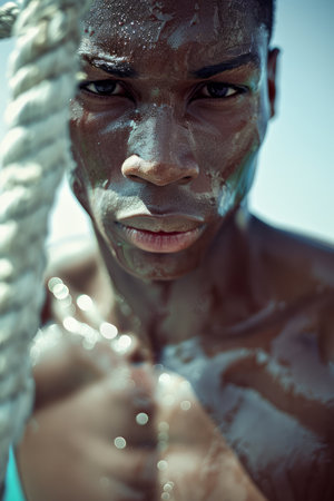 A close-up portrait of a young black man with paint splattered on his face The image is shot against a blue sky and evokes a sense of strength and resilience AI Generativeの素材