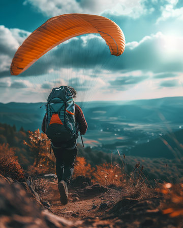 A paraglider prepares for takeoff on a mountaintop, with a scenic valley below The image captures the thrill and beauty of adventure sports The vibrant colors and dramatic sky create a stunning backdrop  Perfect for adventure, travel, and outdoor photography AI Generativeの素材