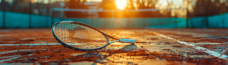 A tennis racket lies on a clay court at sunset, ready for a game The warm glow of the setting sun casts a soft light on the scene AI Generativeの素材