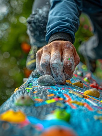 Close-up of a climber's chalked hand gripping a brightly colored climbing wall The photo captures the intensity and focus of rock climbing, showcasing the strength and determination required for the sport AI Generativeの素材
