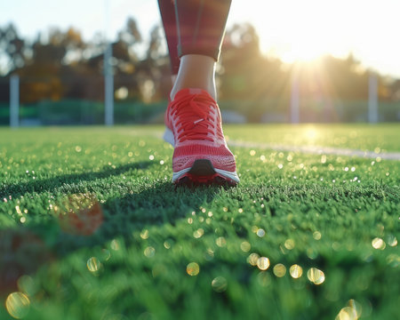 Close-up shot of a runner&#39;s feet on a green field, with the setting sun in the background  The image captures the movement and energy of running, and the vibrant colors of the sunset create a sense of hope and inspiration  Perfect for fitness and healthy lifestyle themes AI Generativeの素材