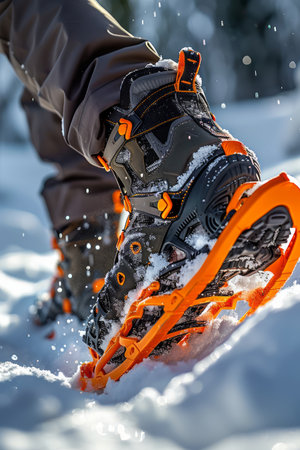 Close-up shot of a person's feet wearing winter hiking boots with orange snowshoes The boots are covered in snow, and the snowshoes are sinking into the fresh powder The photo is taken from a low angle, looking up at the feet The background is a snowy forest AI Generativeの素材