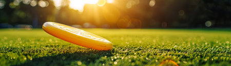 A yellow frisbee lies in the grass, bathed in the warm glow of the setting sun  Perfect for a summer sports theme AI Generativeの素材