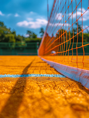 A low angle shot of a tennis court with the net in the background The photo is taken from the ground level and the net is in focus The court is made of clay and the net is made of orange string The photo is taken on a sunny day with a blue sky AI Generativeの素材