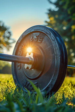 A close-up photo of a weight plate on a barbell lying in green grass with the sun shining through the center of the plate The photo evokes a feeling of strength, determination, and a healthy lifestyle AI Generativeの素材