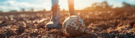 A soccer ball lies on the ground, with a person&#39;s foot about to kick it The photo is taken in a field, with the sun shining brightly AI Generativeの素材