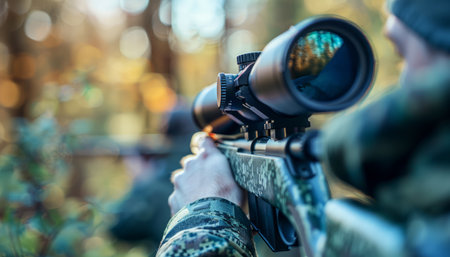 A hunter aims a rifle with a scope in a forest setting The focus is on the rifle and scope, with the hunter's hand and arm visible The background is blurred, creating a sense of depth and focus on the weapon  This photo evokes themes of hunting, precision, and the outdoors AI Generativeの素材