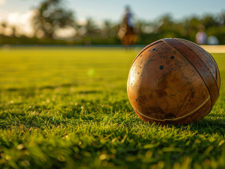 A close-up shot of a polo ball on a grassy field, with a blurred rider in the background The image captures the essence of the sport, with its focus on the ball and the rider's silhouette  The golden light of the setting sun adds a warm and inviting atmosphere  The image evokes a sense of speed, skill, and excitement  It is perfect for use in marketing materials for polo events, equestrian publications, or any project that needs a touch of sophistication and elegance AI Generativeの素材