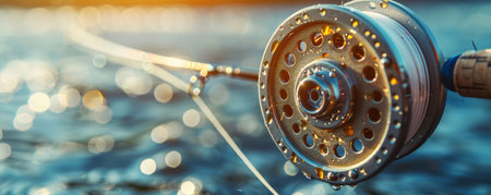 Close-up of a fishing reel against a blurred background of water  A perfect image for fishing and outdoor activities AI Generativeの素材