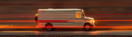 A white van driving through the city at night with red and orange lights creating a motion blur effect AI Generativeの素材