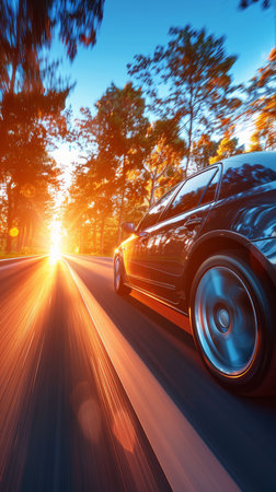 A black car drives down a country road with the sun setting in the background The photo has a motion blur effect, creating a sense of speed and movement The setting sun casts a warm glow over the scene, making it a beautiful and inspiring image AI Generativeの素材
