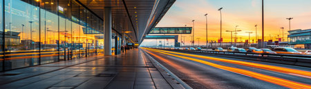 A long, straight road leading to the airport, with a glass building on the left and a sunset in the background AI Generativeの素材