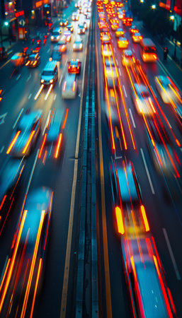 A mesmerizing long exposure photograph of a busy city street at night, showcasing the colorful streaks of light from passing vehicles The image captures the vibrant energy and constant movement of urban life AI Generativeの素材