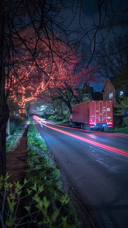 A semi-truck drives down a quiet, tree-lined street at night The headlights of the truck and other passing vehicles create streaks of light against the dark background The trees are illuminated with pink lights, adding a touch of magic to the scene AI Generativeの素材