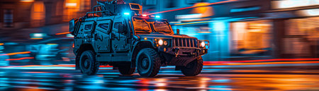 A military vehicle drives through a city at night, with blurred lights and traffic  The image evokes a sense of action and movement AI Generativeの素材
