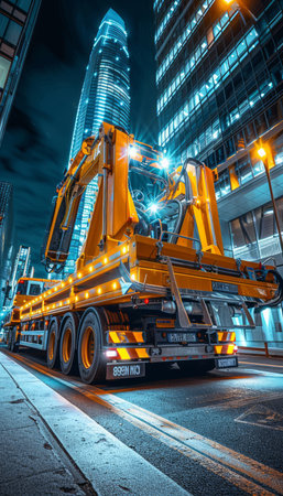 A yellow construction truck with a crane is parked on a city street at night The truck is illuminated by the streetlights and the city lights in the background The photo is taken from a low angle, giving the truck a large and imposing presence AI Generativeの素材