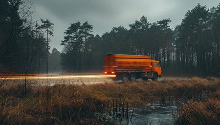 A lone truck drives down a wet road, the forest surrounding it shrouded in mist The headlights pierce the gloom, creating a sense of isolation and mystery The photo evokes feelings of solitude and the vastness of nature AI Generativeの素材