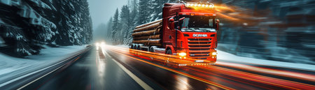 A red semi-truck hauling logs speeds down a snowy, forested road The headlights of the truck illuminate the path ahead, creating a sense of motion and drama AI Generativeの素材