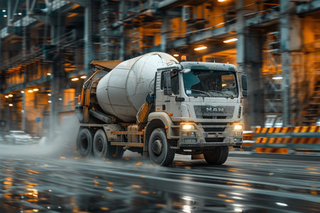 A concrete mixer truck drives down a wet street in front of an industrial building The truck is in motion, and the water from the street is splashing up onto the truck The photo is taken at night, and the lights from the building are reflecting off the wet street AI Generativeの素材