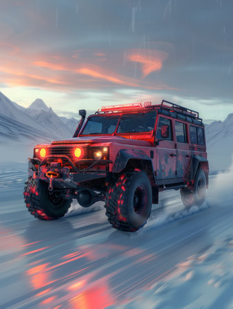 A red off-road vehicle drives through a snowy landscape with a stunning sunset in the background The vehicle is equipped with large tires and a roof rack, and its headlights illuminate the path ahead The image is a perfect example of the rugged beauty of the outdoors AI Generativeの素材