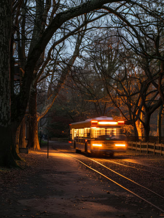 A yellow bus travels down a tree-lined path at dusk The warm glow of the bus&#39;s headlights illuminates the path ahead, creating a sense of mystery and adventure The photo captures the beauty of a quiet moment in time, as the bus disappears into the darkness AI Generativeの素材