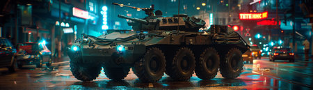 A military tank driving through a city at night The tank is lit by neon signs and streetlights The city is wet and the tank leaves a trail of water AI Generativeの素材