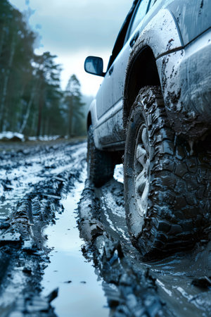 A close-up of a muddy tire on a 4x4 vehicle driving through a muddy forest road The tire is covered in mud and the road is deeply rutted The photo captures the ruggedness and resilience of off-road driving AI Generativeの素材