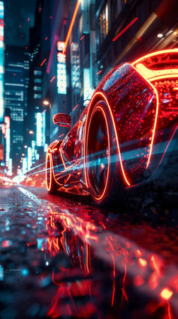 A futuristic sports car streaks through a neon-lit city street, leaving a trail of light and speed The sleek lines and glowing accents create a sense of dynamism and power The reflection in the wet pavement adds to the vibrant atmosphere AI Generativeの素材