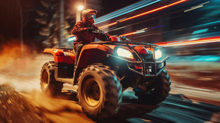 A man rides an ATV through a dusty road at night The headlights of the ATV illuminate the path ahead, while the blurred lights of passing cars create a sense of speed and motion  The image captures the thrill and excitement of off-roading AI Generativeの素材