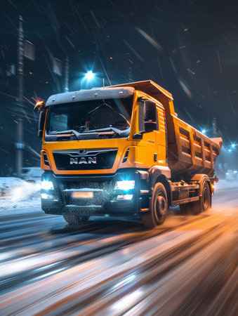 A yellow MAN dump truck drives through a snowy city at night The headlights illuminate the road and the falling snow creates a sense of motion The truck is a powerful symbol of industry and resilience AI Generativeの素材