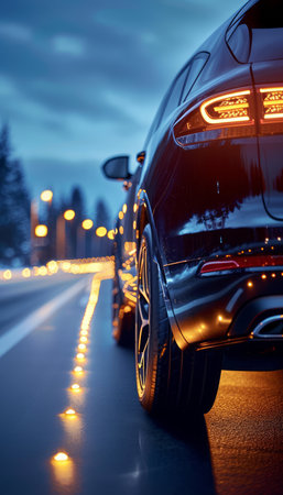 A black SUV drives down a highway at night The taillights are illuminated, and the car is surrounded by a series of reflective markers The image is a great choice for advertising car safety or technology AI Generativeの素材