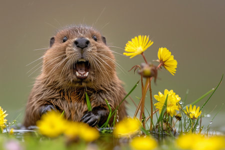 A startled beaver with its mouth open wide, surrounded by vibrant yellow dandelions The image captures the animal&#39;s natural habitat and its unique characteristics Perfect for nature photography, wildlife, and environmental themes AI Generativeの素材