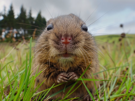A cute, fluffy rodent with big eyes looks directly at the camera, sitting in a field of grass  Its pink nose and whiskers are prominent The photo is taken from a low angle, creating a perspective of looking up at the creature AI Generativeの素材
