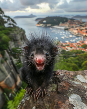 A cute, spiky mammal with a big smile, perched on a rock overlooking a stunning coastal city The perfect photo for animal lovers and travel enthusiasts AI Generativeの素材
