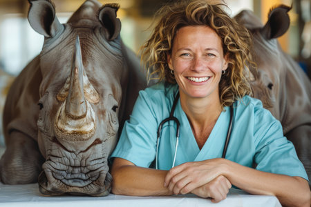 Witness the extraordinary work of wildlife veterinarians dedicated to preserving endangered rhinos From preventive checkups to intricate surgeries, this photostock captures the behind-the-scenes moments of veterinary care, showcasing their unwavering commitment to animal welfare and the preservation of iconic species AI Generativeの素材