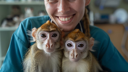 Capture the heartwarming connection between a veterinarian and two young monkeys The vet&#39;s serene smile and gentle hold showcase the compassionate care given to wildlife, fostering a strong bond and promoting animal well-being AI Generativeの素材