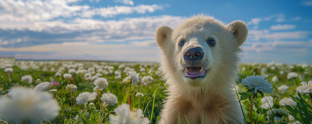 A cute polar bear cub stares at the camera, surrounded by a field of white flowers  The sky is blue with white clouds  This image is perfect for nature lovers and animal enthusiasts AI Generativeの素材