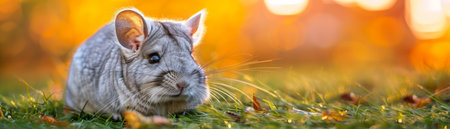 A fluffy chinchilla basks in the warm glow of the setting sun, its soft fur catching the golden light AI Generativeの素材
