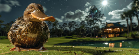 A duck sits on a grassy patch in the moonlight, with a house and pond in the background AI Generativeの素材
