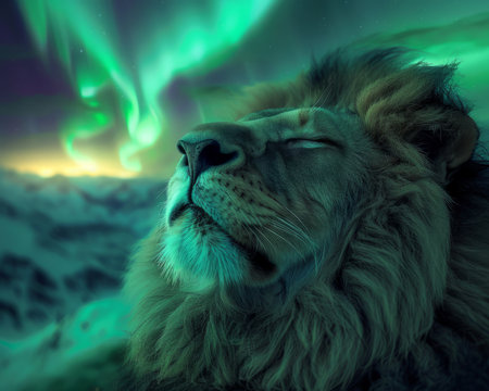 A majestic lion basking in the ethereal glow of the Northern Lights The vibrant green hues of the aurora borealis dance across the sky, creating a surreal and dreamlike atmosphere The lion&#39;s serene expression evokes a sense of peace and wonder This captivating image captures the beauty and mystery of nature&#39;s most awe-inspiring spectacle AI Generativeの素材