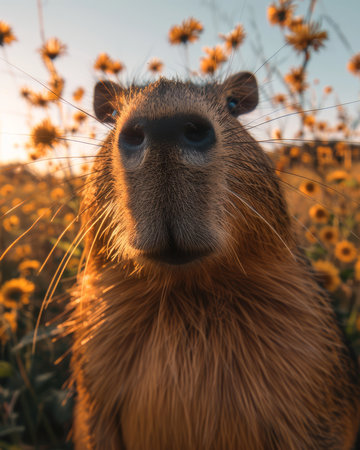 A close-up portrait of a capybara with a curious expression The capybara is standing in a field of yellow flowers The image captures the animal&#39;s large, dark eyes and distinctive snout The warm light of the setting sun illuminates the scene  The photo evokes a sense of wonder and curiosity AI Generativeの素材