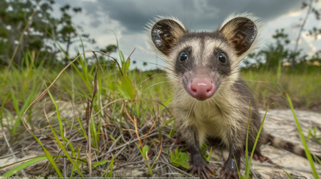 A close-up portrait of a cute and curious olinguito, a small mammal native to the Andes Mountains of South America The olinguito is sitting in a grassy field, with a cloudy sky in the background The olinguito&#39;s big eyes and pink nose make it look very adorable AI Generativeの素材