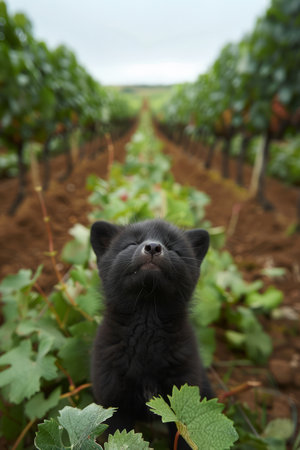 A tiny black kitten basks in the sun amidst lush vineyard rows Its eyes are closed in contentment, creating a heartwarming scene of innocence and beauty  The photo evokes a sense of peace and tranquility AI Generativeの素材