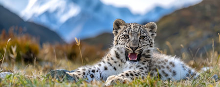 A snow leopard basks in the sun, its piercing gaze fixed on the viewer The majestic mountain range serves as a breathtaking backdrop AI Generativeの素材
