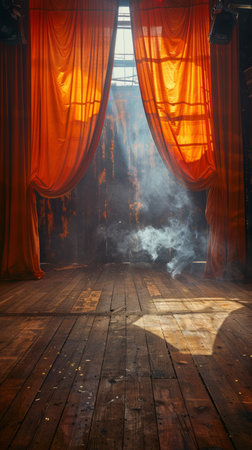 Immerse yourself in a captivating atmosphere as the stage transforms into a mystical realm Warm, incandescent lighting casts an ethereal glow upon scarlet curtains, engulfing the space in an alluring ambiance A backdrop of darkness tantalizingly frames the stage, drawing the audience&#39;s gaze towards a performance that promises to transport them to another dimension AI Generativeの素材