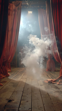 Intriguing theater stage bathed in dim light, adorned with billowing curtains and ethereal smoke, evokes a sense of captivating mystery The antique setting, with its aged wooden floors, transports you to a bygone era Let your imagination wander as you unravel the secrets hidden within this enigmatic tableau AI Generativeの素材