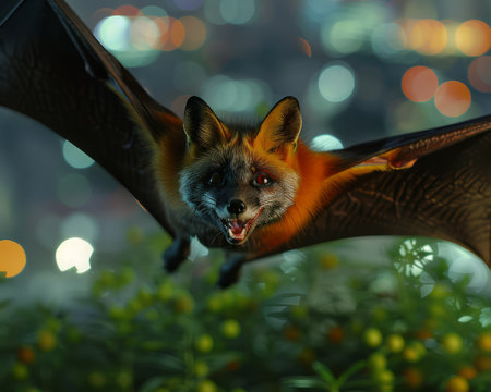 A red fox with bat wings flies over a city at night The fox has a mischievous grin on its face, and the city lights are blurred in the background This image is perfect for any project that needs a touch of magic and whimsy AI Generativeの素材