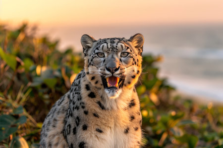A majestic snow leopard with its mouth open, looking directly at the camera The animal is in a natural setting, with a soft, golden light behind it The image is perfect for wildlife photography, conservation efforts, or any project related to the beauty of nature AI Generativeの素材