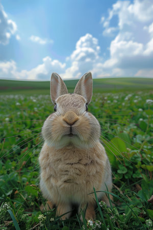 A cute bunny rabbit sits in a field of green grass and white flowers, looking directly at the camera with a curious expression The sky is blue with fluffy white clouds  The image is perfect for use in a variety of projects, from websites and social media to print materials AI Generativeの素材