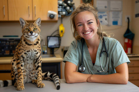 Unveiling the extraordinary bond between a veterinarian and their exotic feline companion, a serval cat Witness the unique challenges and fulfillment of caring for wildlife species in a clinical setting, highlighting the dedication and expertise required for their well-being AI Generativeの素材